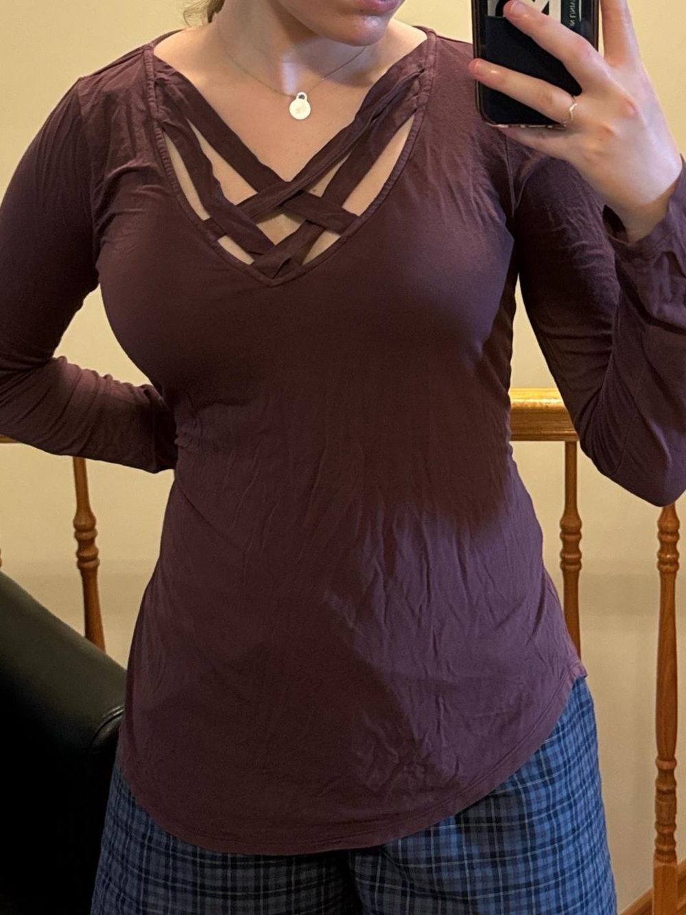 american eagle beautiful purple criss cross long sleeve “soft and sexy” top